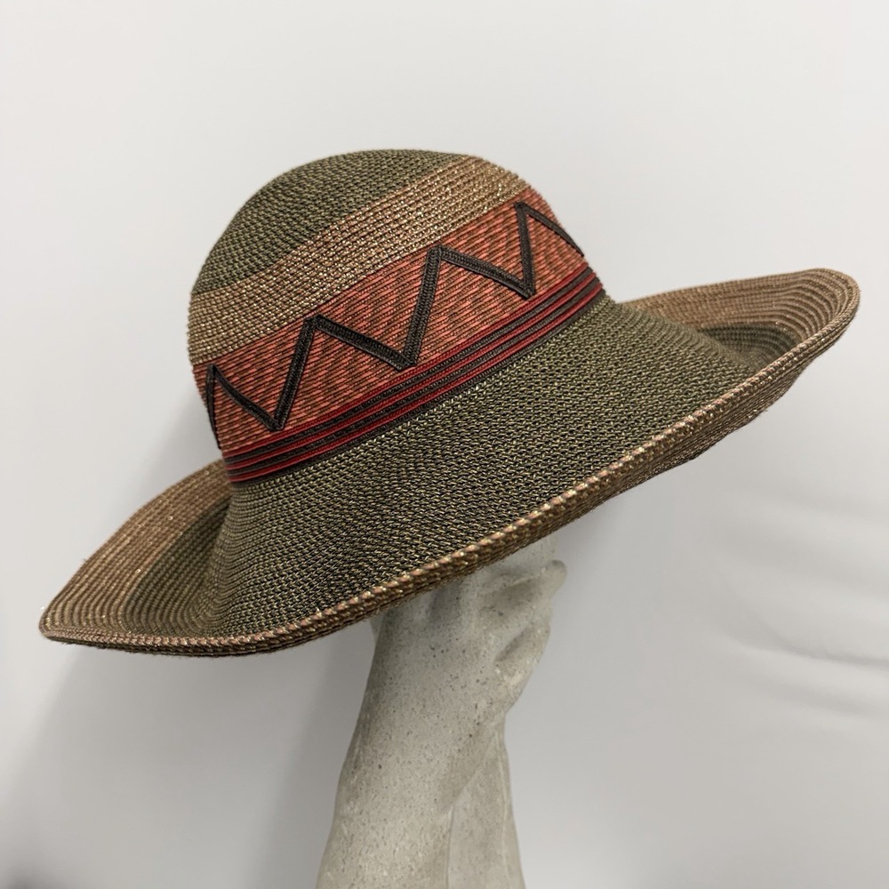 Vintage Eric Javits Straw Hat Southwestern Design Style Wide Brim - Picture 2 of 8